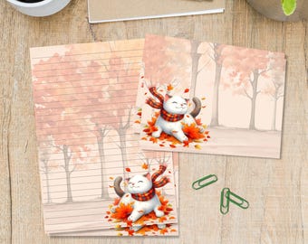 Cat in Fall briefpapierset, briefpapier van A5-formaat met bijpassende enveloppen, benodigdheden voor penvrienden, postpakket, gelinieerde/ongevoerde vellen