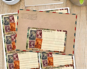 May include: A kraft paper envelope with red, white, and blue striped edges, and a stamp design. Several sheets of stickers with vintage stamp designs and "Please Deliver To:" text are visible.