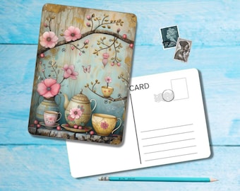 Floral Tea Postcard (no.3), A6 size postcard with rounded corners, beautiful illustrated postcrossing single postcard 14.8 cm x 10.5 cm