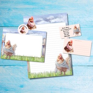 Kit di lettere per corrispondenza con amici di penna/posta ordinaria "Galline in sciarpa", carta da lettere A5, buste, etichette per indirizzi, etichette PDT, adesivi rotondi per posta allegra