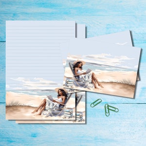 Conjunto de papelaria para escrever cartas Reading on the Beach A5, suprimentos para correspondência, kit Snailmail, folhas forradas/sem forro combinando com envelopes e adesivos