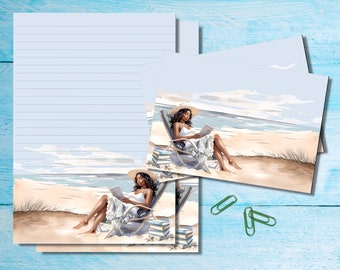 Reading on the Beach A5-Briefpapierset, Brieffreundzubehör, Snailmail-Set, linierte/unlinierte Blätter, passende Umschläge und Aufkleber