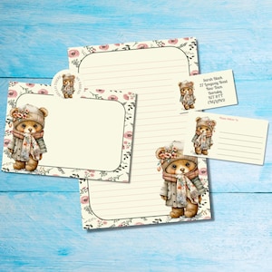 Kit de escritura de cartas a juego con osito de peluche envuelto, papel de carta A5, sobres, etiquetas de dirección, etiquetas PDT, pegatinas redondas de Happy Mail