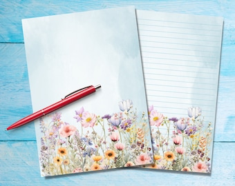 Flower Meadow A5 letter writing paper, Pen pal supplies, Stationery lined or unlined note sheets, Cute notepaper with or without lines