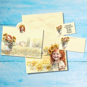 Chicas de girasol que combinan con el kit de escritura de cartas por correspondencia, papel de escritura A5, sobres, etiquetas de dirección, etiquetas PDT, pegatinas redondas de correo feliz