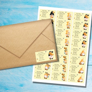 Etichette autoadesive per indirizzo di ritorno Honey Bee Gnome, 24 etichette per foglio, adesivi rettangolari da 63,5 x 33,9 mm con angoli arrotondati