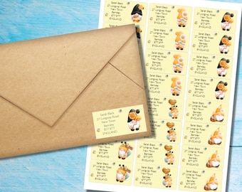 Etiquetas autoadhesivas de dirección de devolución Honey Bee Gnome, 24 etiquetas por hoja, pegatinas rectangulares de 63,5 x 33,9 mm con esquinas redondeadas