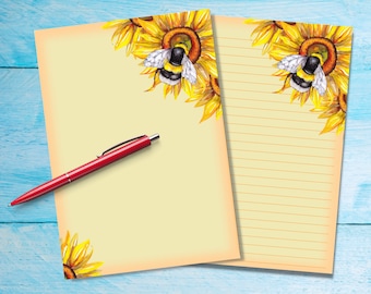 Sunflower Bee A5 letter writing paper, Penpal stationery supplies lined or unlined single sheets, Watercolour notepaper with / without lines