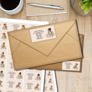 Writing Girls return address labels, 24 or 40 self adhesive labels per sheet, Pen pal rectangular stickers for happy mail envelopes