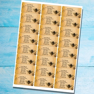 Vintage Bees self adhesive return address labels, 24 labels per sheet, 63.5 x 33.9 mm rectangular stickers with rounded corners zdjęcie 4