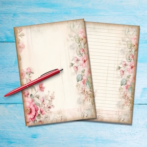 Papel para escribir cartas tamaño A5 con diseño de flores vintage, suministros para amigos por correspondencia, hojas de notas rayadas o sin rayar, lindo papel de notas con o sin líneas