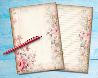 Vintage Flowers A5 letter writing paper, Pen pal supplies, Stationery lined or unlined note sheets, Cute notepaper with or without lines