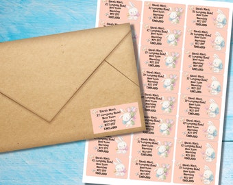 Flower Bunny self adhesive return address labels, 24 labels per sheet, 63.5 x 33.9 mm rectangular stickers with rounded corners