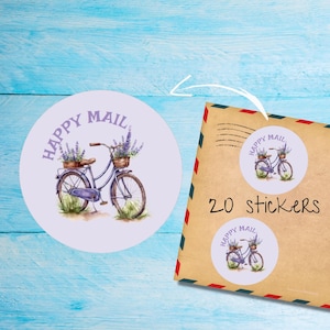 Paquete de pegatinas de bicicleta de lavanda, lindas etiquetas de correo feliz redondas cortadas individualmente, suministros para amigos por correspondencia para decorar sobres