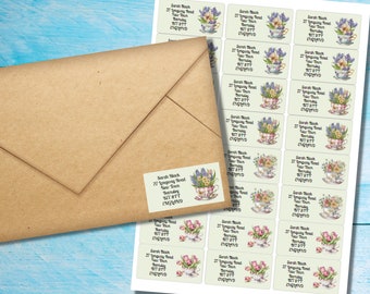 Teacups in Bloom self adhesive return address labels, 24 labels per sheet, 63.5 x 33.9 mm rectangular stickers with rounded corners