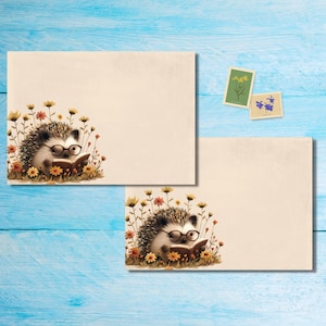 Just a Hedgehog Who loves to read envelopes pack of 5 or 10, Happy mail envelopes for pen pals letters, C6 size postable decorated envelopes