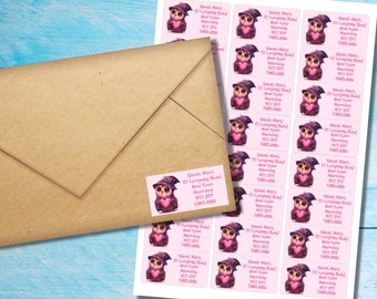 Heart Owl self adhesive return address labels, 24 labels per sheet, 63.5 x 33.9 mm rectangular stickers with rounded corners