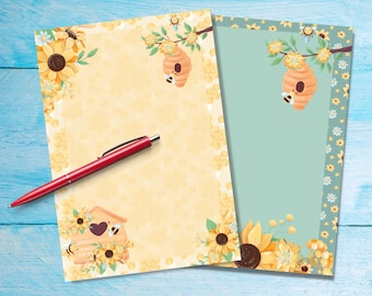 Flower Bee A5 letter writing paper, Pretty floral pen pal supplies, Stationery single notepad sheets, Unlined or lined notepaper