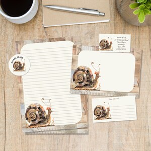 Patchwork Snail matching pen pal snail mail letter kit, A5 writing paper, envelopes, address labels, PDT label, round happy mail stickers