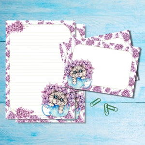 Conjunto de papelaria para escrever cartas Hyacinth Cat A5, suprimentos fofos para correspondência, kit Snailmail, folhas forradas/sem forro com envelopes e adesivos correspondentes
