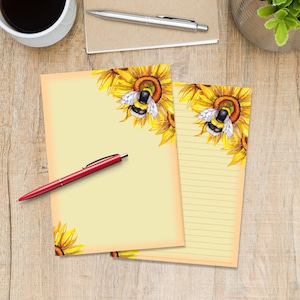 Sunflower Bee A5 letter writing paper, Penpal stationery supplies lined or unlined single sheets, Watercolour notepaper with / without lines