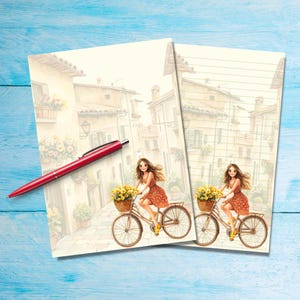 Carta da lettere "Biking in Italy", Forniture per amici di penna, Fogli di cancelleria in formato A5, Carta da lettere con o senza righe, Carta da lettere carina