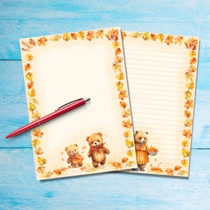 Osos en otoño Papel para escribir cartas A5, Suministros para amigos por correspondencia, Papelería con o sin líneas, Lindo papel de notas con o sin líneas