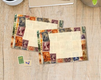 May include: Two vintage-style stationery sets with a border of colorful postage stamps. Each set has a cream-colored center for writing. Two small postage stamps with floral designs are also visible.