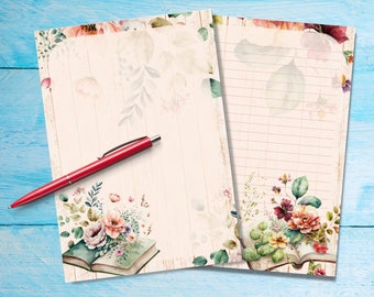 Floral Books A5 letter writing paper, Pen pal supplies, Stationery lined or unlined sheets, Cute notepaper with or without lines