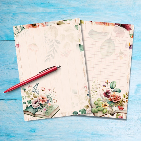 Floral Books A5 letter writing paper, Pen pal supplies, Stationery lined or unlined sheets, Cute notepaper with or without lines