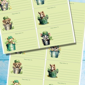May include: A set of printable gift tags featuring adorable cartoon animals wearing green hats and sitting in buckets. Each tag has a line for writing "Please Deliver To:" and a space for writing a name or address.