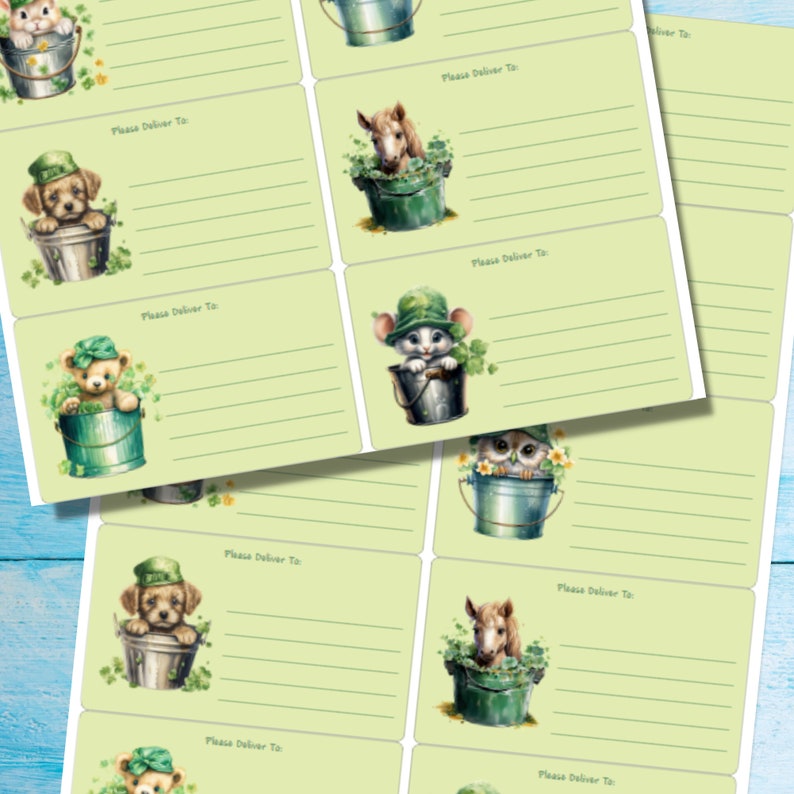 May include: A set of printable gift tags featuring adorable cartoon animals wearing green hats and sitting in buckets. Each tag has a line for writing "Please Deliver To:" and a space for writing a name or address.