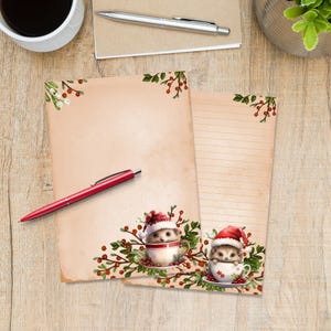 Teacup Christmas Hedgehogs A5 letter writing paper, Penpal supplies, Stationery lined or unlined single sheets, Notepaper with/without lines