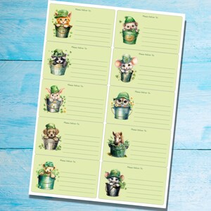 May include: Set of eight printable gift tags featuring adorable cartoon animals wearing green hats and holding buckets of shamrocks. Each tag has a space for writing "Please Deliver To" and a line for the recipient's name.