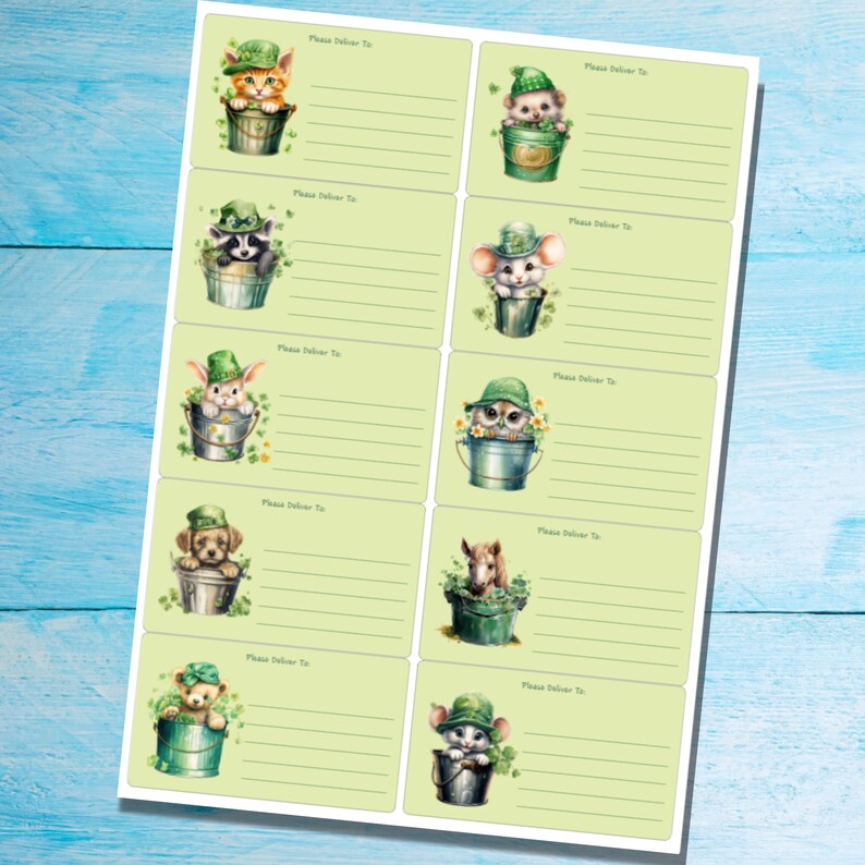May include: Set of eight printable gift tags featuring adorable cartoon animals wearing green hats and holding buckets of shamrocks. Each tag has a space for writing "Please Deliver To" and a line for the recipient's name.