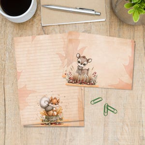 Op de afbeelding: Briefpapier set bestaande uit een gelinieerd vel met een eekhoorn die een eikel op een boomstronk vasthoudt en een ongelinieerd vel met een reekalfje met een sjaal. Beide vellen hebben een lichtoranje achtergrond met subtiele bladpatronen.
