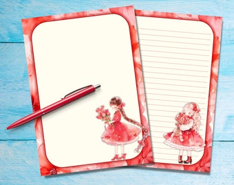 Red Flower Girls A5 letter writing paper, Pen pal supplies, Stationery sheets, Notepaper with or without lines, Cute writing paper