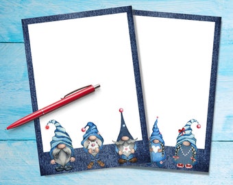 Denim Gnomes A5 letter writing paper, Penpal supplies, Stationery single sheets, Notepaper with or without lines, Cute gonks in jeans design