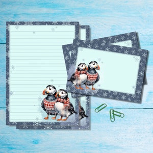 Juego de papelería para escribir cartas Winter Puffin A5, suministros para amigos por correspondencia espeluznantes, correo postal, hojas rayadas o sin rayar con sobres/pegatinas a juego
