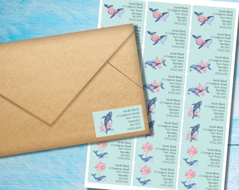 Floral Whale self adhesive return address labels, 24 labels per sheet, 63.5 x 33.9 mm rectangular stickers with rounded corners