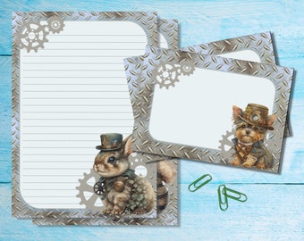 Ensemble de papeterie d’écriture de lettres Steampunk Animals A5 avec enveloppes assorties, fournitures de correspondance mignonnes, kit de courrier d’escargot, feuilles doublées ou non doublées