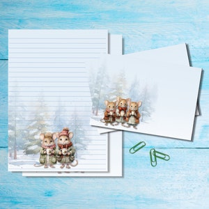 Conjunto de papelaria para escrever cartas Winter Mice A5, materiais fofos para correspondência natalina, kit de correio tradicional, folhas pautadas/sem pauta e envelopes combinando