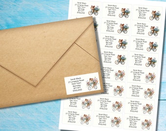 Mice on Bicycles self adhesive return address labels, 24 labels per sheet, 63.5 x 33.9 mm rectangular stickers with rounded corners