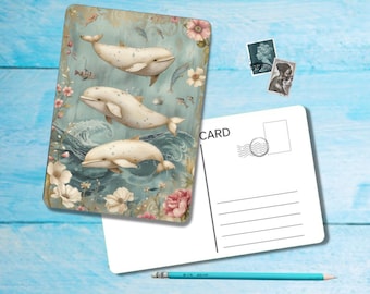 Whales Postcard (no.5), A6 size postcard with rounded corners, beautiful illustrated postcrossing single postcard 14.8 cm x 10.5 cm