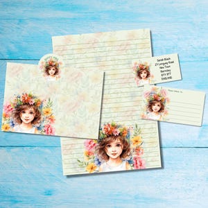 Kit de cartas para amigos por correspondencia o correo postal con diseño de corona de flores, papel de escribir A5, sobres, etiquetas de dirección, etiquetas PDT y pegatinas redondas para correo feliz.