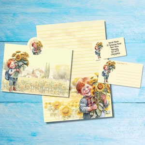 Kit de escritura de cartas por correspondencia para niños de girasol, papel de escritura A5, sobres, etiquetas de dirección, etiquetas PDT, pegatinas redondas de correo feliz