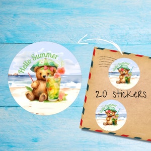 Pegatinas de osito de peluche en la playa, paquete de 20 pegatinas redondas mate cortadas individualmente, lindas etiquetas decorativas de correo feliz para correo postal, pegatina para correo de amigos por correspondencia