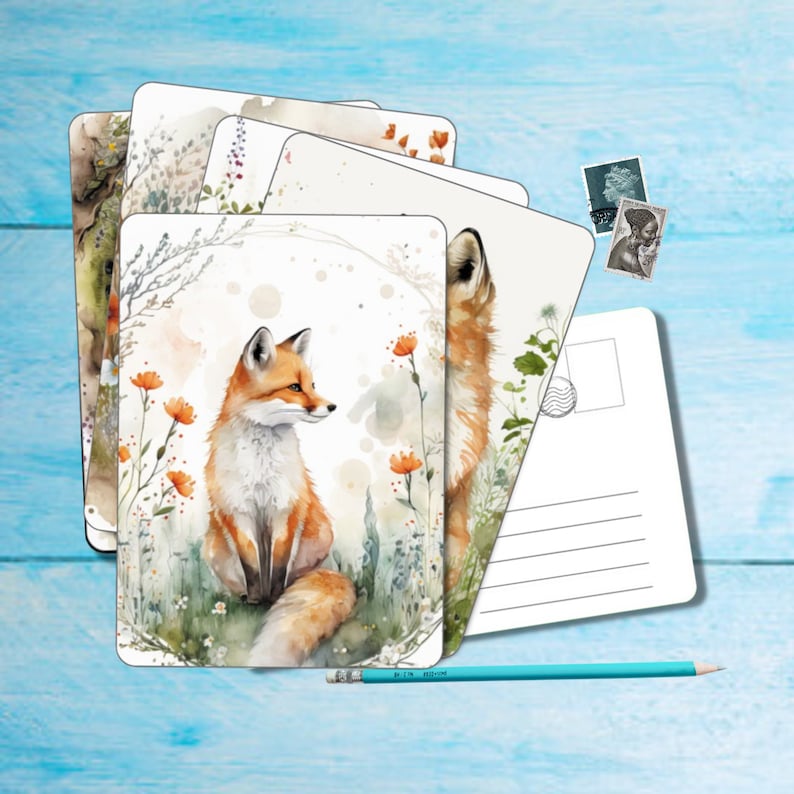 Foxes Postcard set di 5, cartolina formato A6 con angoli arrotondati, bellissima cartolina illustrata postcrossing 14,8 cm x 10,5 cm immagine 1
