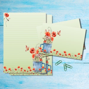 Set di cancelleria Cupful of Poppies, carta da lettere A5 con buste abbinate, kit di forniture per amici di penna tramite posta ordinaria, fogli a righe/non a righe