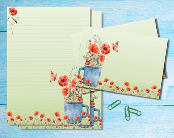 Cupful of Poppies stationery set, A5 letter writing paper with matching envelopes, Snail mail pen pal supplies kit, Lined / unlined sheets